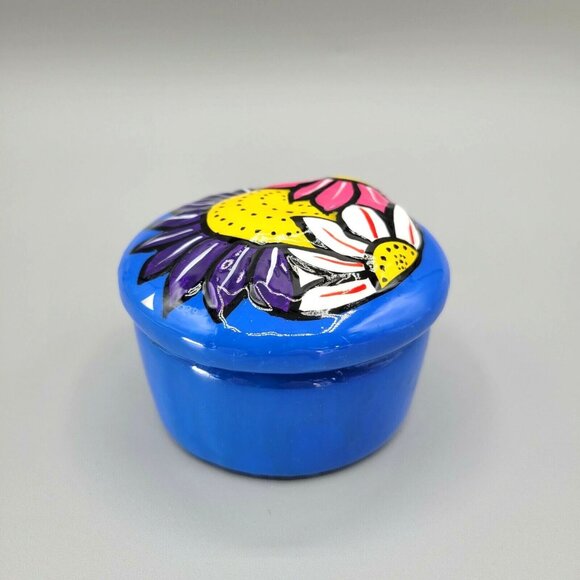 Hand Painted Ceramic Trinket Box with Lift Off Lid Bright Colorful Pottery Clay - Picture 4 of 7